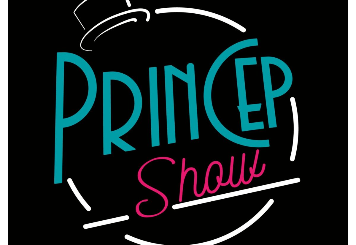 Logotip Princep Show dibuixat a mà, amb barret de copa, en turquesa i rosa sobre fons negre