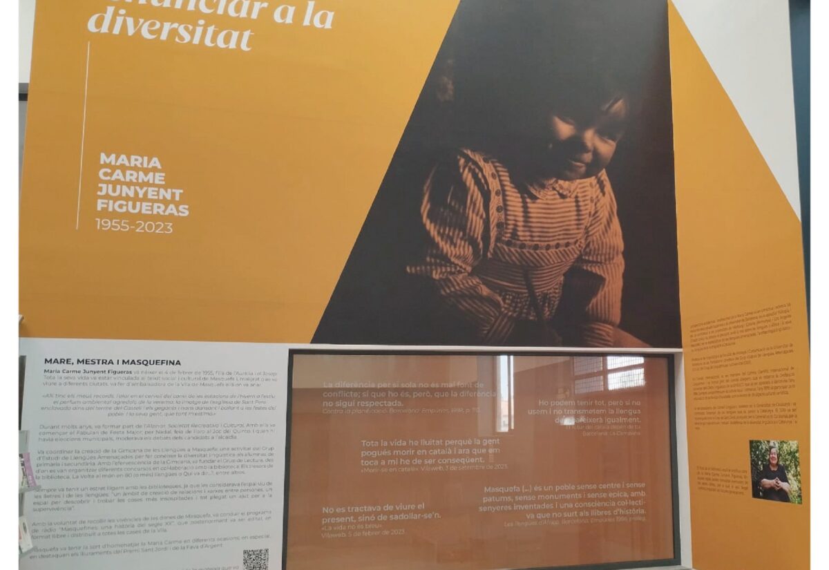 Panell d'exposició imprès en gran format, amb fotografia i text, ja instal·lat
